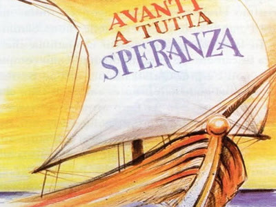 Disegno di una vela con la scritta Avanti a tutta speranza, dal manifesto del pellegrinaggio